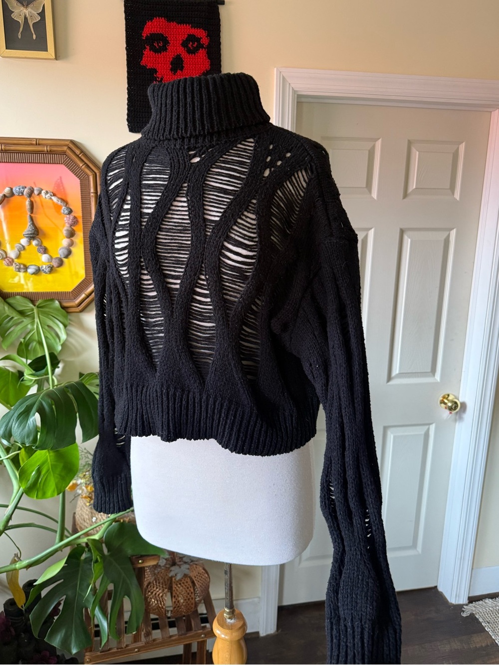 Goth Forever 21 Black Distressed Open-Knit Turtleneck Sweater